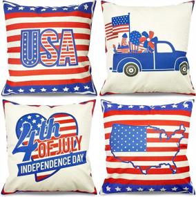 img 4 attached to Set Of 4 Teeker 4Th Of July Patriotic Pillow Covers 18X18 - Double Sided Independence Day Memorial Stars And Stripes Decorations For Home Farmhouse Holiday Throw Cushion Case