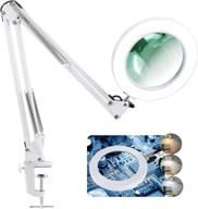 lancosc 5-inch magnifying glass with light and stand, 5x real glass lens, 3 color modes stepless dimmable led desk lamp, adjustable arm magnifier light for reading repair crafts close work - white logo