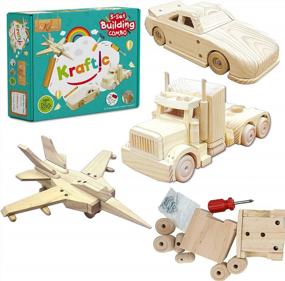 img 4 attached to Kraftic Woodworking Building Kit: 3 Educational DIY Carpentry Projects For Kids & Adults - Build A Military Jet, Nascar & Tractor Trailer!