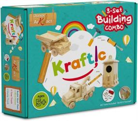 img 1 attached to Kraftic Woodworking Building Kit: 3 Educational DIY Carpentry Projects For Kids & Adults - Build A Military Jet, Nascar & Tractor Trailer!