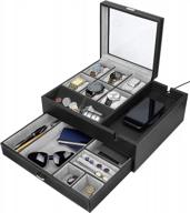 houndsbay commander dresser valet watch box case &amp; mens jewelry organizer с зарядной станцией для смартфона и хранилищем для запонок (черный / серый) логотип