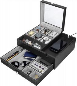 img 4 attached to HOUNDSBAY Commander Dresser Valet Watch Box Case &amp; Mens Jewelry Organizer с зарядной станцией для смартфона и хранилищем для запонок (черный / серый)