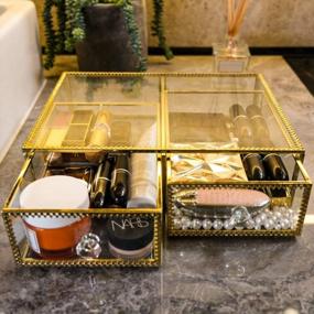 img 3 attached to Gold Glass Makeup And Jewelry Organizer With 2 Drawers - InnSweet Cosmetic Display Case