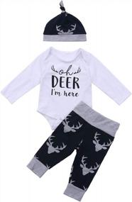 img 4 attached to Newborn Baby Boy And Girl 3PCS Fall Winter Clothes Set With Long Sleeve Deer Romper, Pants, And Hat - Perfect Christmas Outfit
