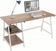 oak 55-inch writing computer study desk with 2 tier storage shelves on left or right side, trestle home office desk logo