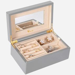 img 4 attached to Voova Wooden Jewelry Box Organizer For Women Teen Girls, Luxury Piano Paint Wood Jewelry Case With Mirror, Large Jewellery Storage Boxes Display Holder With Removable Tray For Earrings Rings, Grey
