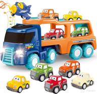 🚗 cartoon vehicles playset carrier car toy truck transport car with lights and melodies - 7 in 1 friction power push and go toys for toddler boys, ages 3-5 - perfect for parties and birthdays - ideal gift option logo