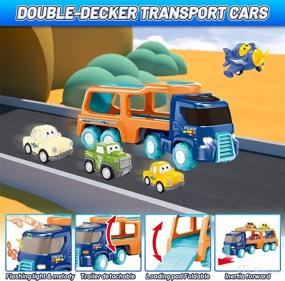 img 2 attached to 🚗 Cartoon Vehicles Playset Carrier Car Toy Truck Transport Car with Lights and Melodies - 7 in 1 Friction Power Push and Go Toys for Toddler Boys, Ages 3-5 - Perfect for Parties and Birthdays - Ideal Gift Option