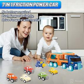 img 3 attached to 🚗 Cartoon Vehicles Playset Carrier Car Toy Truck Transport Car with Lights and Melodies - 7 in 1 Friction Power Push and Go Toys for Toddler Boys, Ages 3-5 - Perfect for Parties and Birthdays - Ideal Gift Option