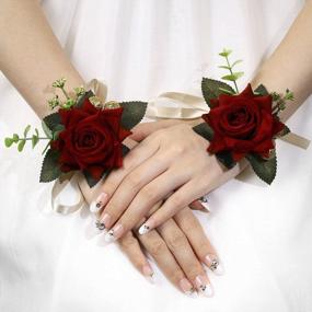 img 4 attached to Потрясающие винно-красные корсажи для свадеб и выпускных вечеров: свадебный цветочный набор Campsis из 2 предметов на запястье