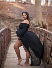 img 3 attached to Шифоновое платье для беременных с открытыми плечами: идеально подходит для фотосессии с макси-платьем JustVH с длинным рукавом и разрезом спереди