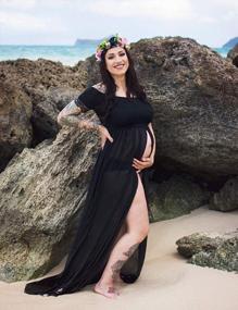 img 1 attached to Maternity Off Shoulder Chiffon Gown: Perfect For Photoshoot With JustVH Long Sleeve Front Split Maxi Dress