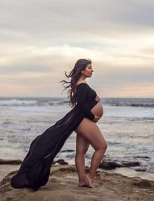 img 2 attached to Шифоновое платье для беременных с открытыми плечами: идеально подходит для фотосессии с макси-платьем JustVH с длинным рукавом и разрезом спереди