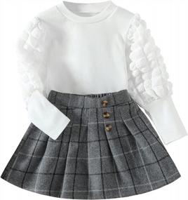 img 4 attached to Trendy Fall/Winter Outfit For Toddler Girls: Puff Sleeve Tops And Plaid Mini Skirts 2-Piece Set By DONWEN