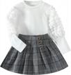 trendy fall/winter outfit for toddler girls: puff sleeve tops and plaid mini skirts 2-piece set by donwen logo