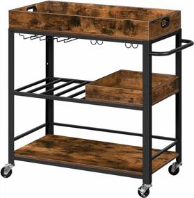 img 4 attached to HOOBRO Bar Cart, Serving Cart With Removable Tray, Kitchen Cart With Wine Rack And Cup Holders, Lockable Castors, Suitable For Kitchen, Living Room, Bar, Rustic Brown BF80TC01