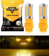pack of 2 auxbeam 3156 t25 p27w led light bulbs in amber yellow - 50w, 33pcs led 3020 smd, 6000lm for turn signals, brake & reverse lights, and tail lights logo