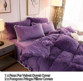 img 3 attached to LIFEREVO Luxury Plush Shaggy Duvet Cover Set Luxury Ultra Soft Crystal Velvet Bedding(1 Faux Fur Duvet Cover And 2 Pompoms Fringe Pillow Shams) Solid,Zipper Closure(Queen, Purple)