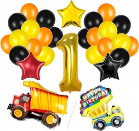 img 4 attached to Товары для празднования первого дня рождения - самосвал из фольги с черными, желтыми и оранжевыми латексными шарами для мальчиков, строительные тематические украшения