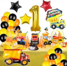 img 3 attached to Товары для празднования первого дня рождения - самосвал из фольги с черными, желтыми и оранжевыми латексными шарами для мальчиков, строительные тематические украшения