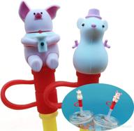 🐀 set of 2 adorable silicone straw tips with reusable straw covers, lids/plugs for 7mm-8mm straws (includes 2 reusable plastic straws, random color) - pig &amp; rat logo