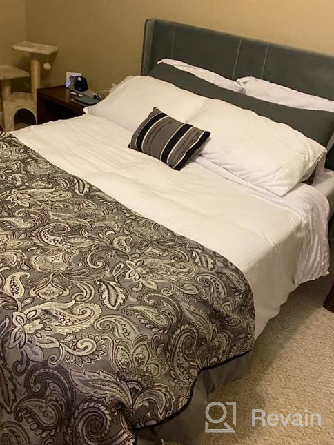 img 1 attached to King Size Platform Bed Frame With Beige Velvet Headboard And Wingback - No Box Spring Needed! review by Tiffany Scofield