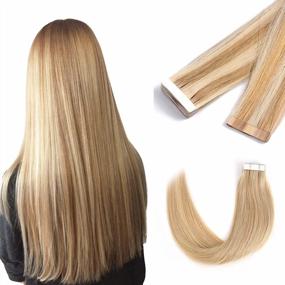 img 4 attached to Vlasy Tape In Hair Extensions Human Hair 20Pcs Hair Extensions 12 Inch Tape Ins Straight Seamless Natural Invisible Tape In Extensions Real Human Hair (12 Inch P18K/613#)