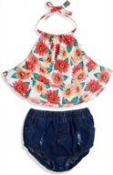 adorable baby girl summer outfit set: sunflower floral backless romper with tassel top and dot shorts logo