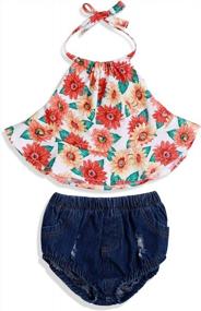 img 4 attached to Adorable Baby Girl Summer Outfit Set: Sunflower Floral Backless Romper With Tassel Top And Dot Shorts
