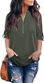 img 4 attached to Furnex Women'S V Neck Chiffon Blouse Half Zip Up Tunic Shirts 3/4 Roll Sleeve Tops Work Casual