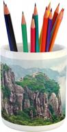 ambesonne mountain pencil pen holder, majestic slim mountains rocks in clouds south chinese nature, printed ceramic pencil pen holder for desk office accessory, green brown white logo