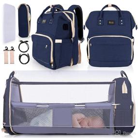 img 4 attached to Dark Blue Baby Bag with Changing Station and Sunshade Top, Portable Diaper Backpack for Newborn Essentials with Insect Net, USB Charging Port - Ideal for Baby Boy & Girl Travel