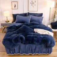 liferevo luxury plush shaggy duvet cover set luxury ultra soft crystal velvet bedding(1 faux fur duvet cover+ 2 pompoms fringe pillow shams) solid,zipper closure(queen, navy) logo