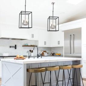 img 2 attached to Industrial Farmhouse Pendant Lighting: VINLUZ 4-Light Lantern Chandelier With Black And Brushed Nickel Finish, Square Cage Design, Perfect For Kitchen Island And Dining Room Ceiling Hanging Fixture.