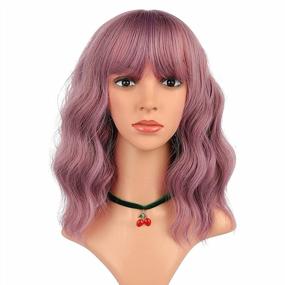 img 2 attached to 14" Taro Purple Wavy Bob Wig With Air Bangs - Vibrant Short Colored Natural Wig For Women By ENilecor