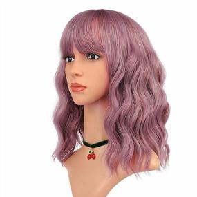 img 3 attached to 14" Taro Purple Wavy Bob Wig With Air Bangs - Vibrant Short Colored Natural Wig For Women By ENilecor