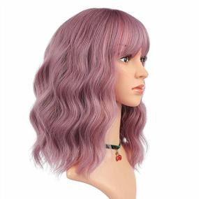 img 4 attached to 14" Taro Purple Wavy Bob Wig With Air Bangs - Vibrant Short Colored Natural Wig For Women By ENilecor