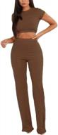 ecdahicc women's 2 piece outfit set: knit ribbed short sleeve top & high waist wide leg pants suit logo