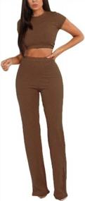 img 3 attached to ECDAHICC Women'S 2 Piece Outfit Set: Knit Ribbed Short Sleeve Top & High Waist Wide Leg Pants Suit