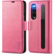 galaxy z fold 3 (7.6") 5g tucch wallet case- pu leather folio cover with s pen slot, card holders, rfid blocking, stand, and magnetic closure. compatible with galaxy z fold3 2021. color: hot pink logo