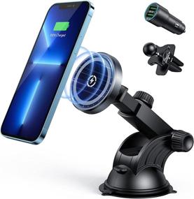 img 4 attached to Magnetic Wireless Car Charger Mount with MagSafe, 15W Auto-Lock for iPhone 13/12 Series, Cases, and QC 3.0 Car Charger – Air Vent/Dashboard/Windshield Charging