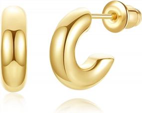 img 4 attached to Stylish And Chic: 14K Plated Small Chunky Mini Thick Gold Hoop Earrings - Perfect Gift For Women