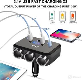 img 2 attached to 🔌 NDDI 110W Cigarette Lighter Splitter with Fast 3.1 USB Charger, Type-C Port, LED Voltage Display, and 3 Independent Switches for 12V/24V Vehicles - Black