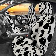 stylish 8pcs cow print car interior set: seat covers, steering wheel 🐄 cover, coasters, and keyring for fashionable men and women in car, truck, suv логотип