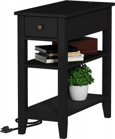 img 2 attached to Maximize Your Space With ChooChoo Narrow End Table: Compact And Convenient Charging Station, USB Ports, Hidden Drawer, 3-Tiered Structure, And Open Storage Shelves In Black