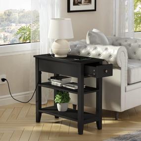 img 1 attached to Maximize Your Space With ChooChoo Narrow End Table: Compact And Convenient Charging Station, USB Ports, Hidden Drawer, 3-Tiered Structure, And Open Storage Shelves In Black