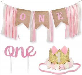 img 4 attached to Полный набор декораций для первого дня рождения девочки в стиле принцессы - корона, баннер для стульчика, топпер для торта и цветочная корона - идеальные праздничные принадлежности для первого года ребенка.