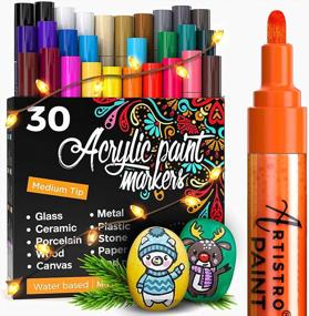 img 4 attached to Acrylic Paint Markers Pens – 30 Acrylic Paint Pens Medium Tip (2Mm) - Great For Rock Painting, Wood, Fabric, Card, Paper, Ceramic & Glass - 28 Colors + Extra Black & White Paint Marker Set
