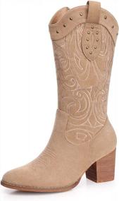 img 4 attached to SHIBEVER Cowboy Boots For Women Pointed Toe Pull-On Cowgirl Boots Mid Calf Western Embroidered Booties
