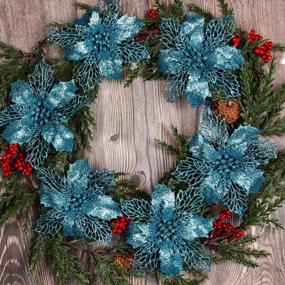 img 4 attached to Glitter Poinsettia Artificial Christmas Flowers In Blue - Perfect For Holiday Decor, Xmas Wedding, Or Wreath Display - Faux Silk Flowers For Tree Decorations & More!